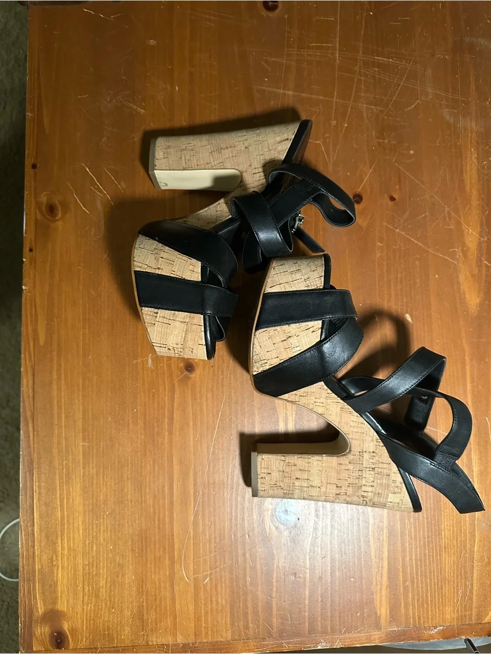 Michael Kors Black Strappy Platform Cork Wedge Sandals